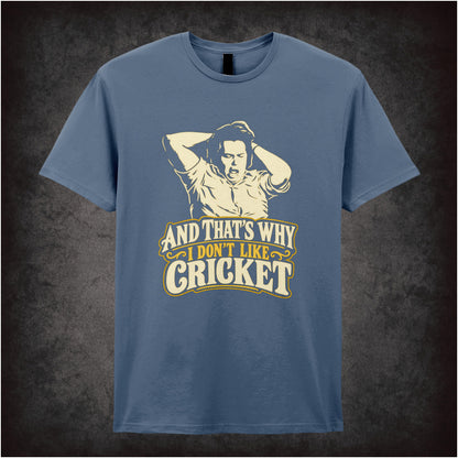 “Bob Fossil ‘And that’s why I don’t like cricket’ T-shirt in indigo from The Mighty Boosh”