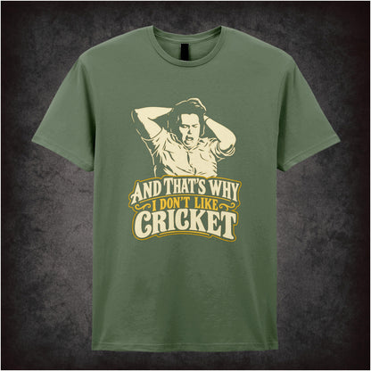 “Bob Fossil ‘And that’s why I don’t like cricket’ T-shirt in military green from The Mighty Boosh”