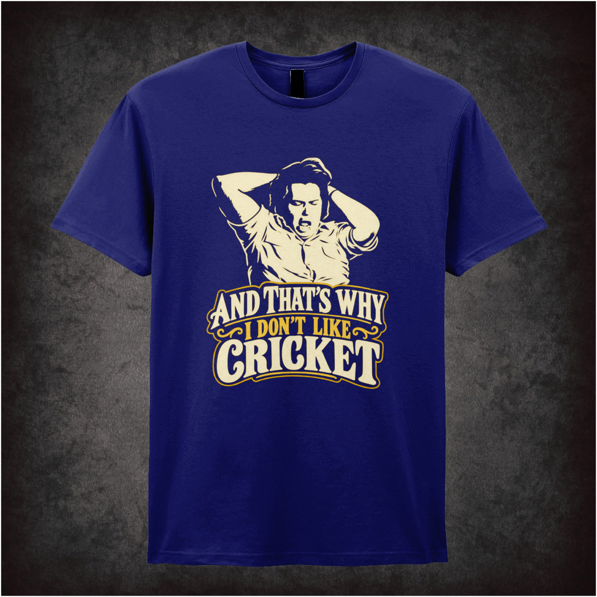 “Bob Fossil ‘And that’s why I don’t like cricket’ T-shirt in navy from The Mighty Boosh”