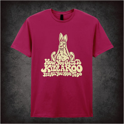 “Howard Moon ‘How you gets to kill a roo… it’s all you have to do’ T-shirt in cardinal red from The Mighty Boosh”
