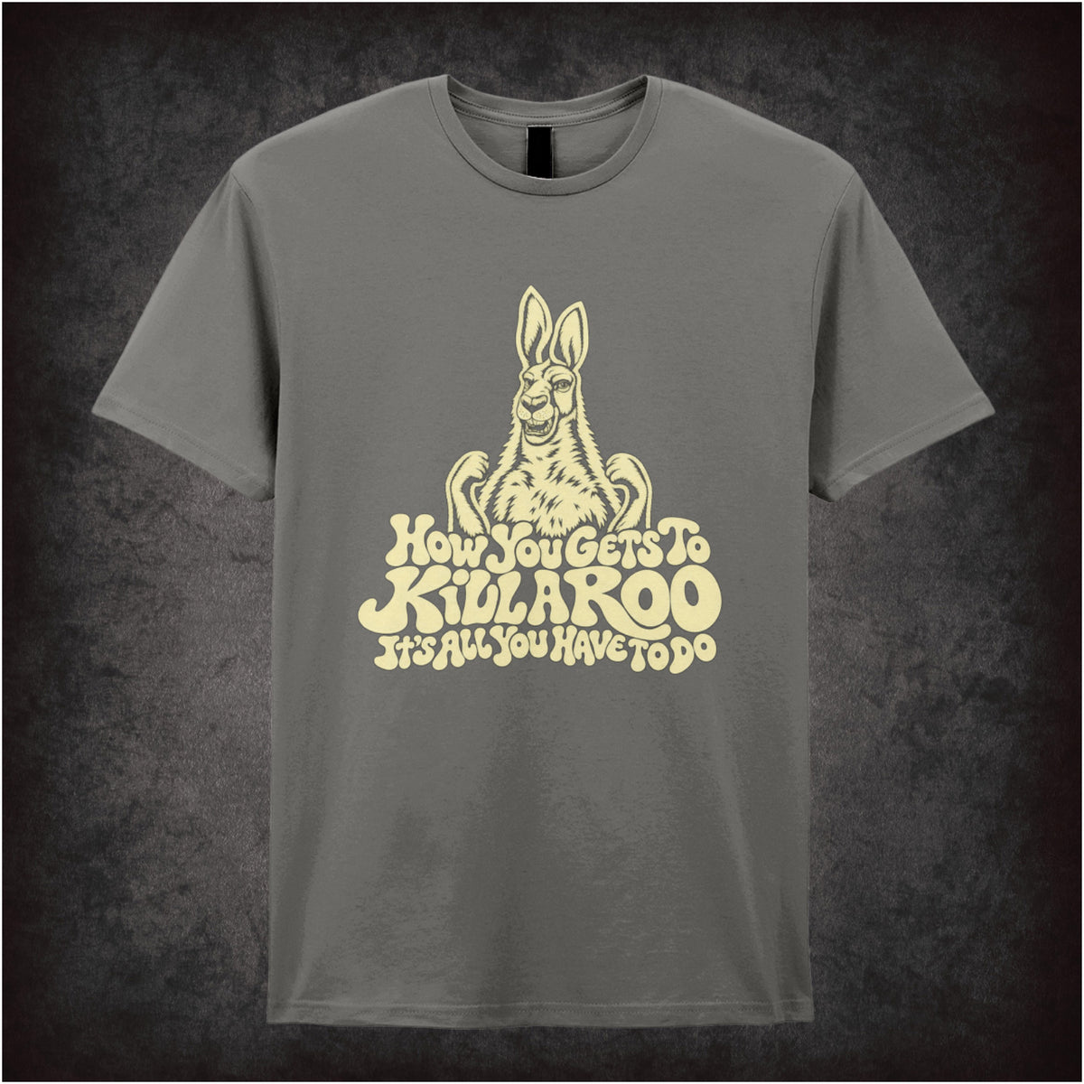 “Howard Moon ‘How you gets to kill a roo… it’s all you have to do’ T-shirt in charcoal from The Mighty Boosh”