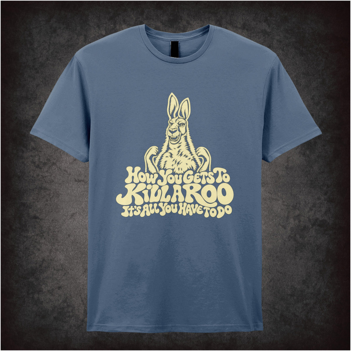 “Howard Moon ‘How you gets to kill a roo… it’s all you have to do’ T-shirt in indigo from The Mighty Boosh”