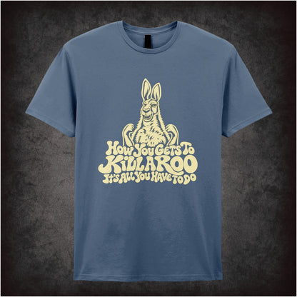 “Howard Moon ‘How you gets to kill a roo… it’s all you have to do’ T-shirt in indigo from The Mighty Boosh”
