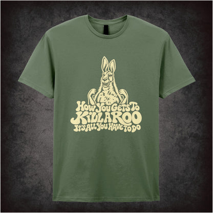 “Howard Moon ‘How you gets to kill a roo… it’s all you have to do’ T-shirt in military green from The Mighty Boosh”
