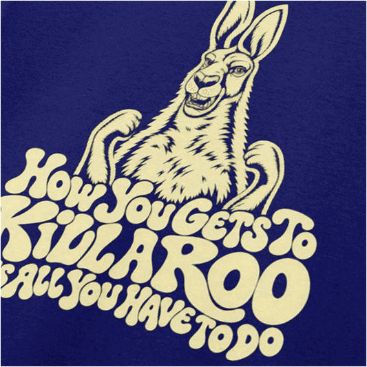 “Howard Moon ‘How you gets to kill a roo… it’s all you have to do’ close up T-shirt in navy from The Mighty Boosh”
