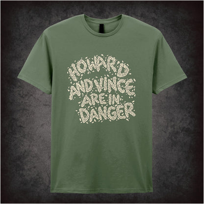 “‘Howard and Vince are in danger’ T-shirt in military green from The Mighty Boosh”