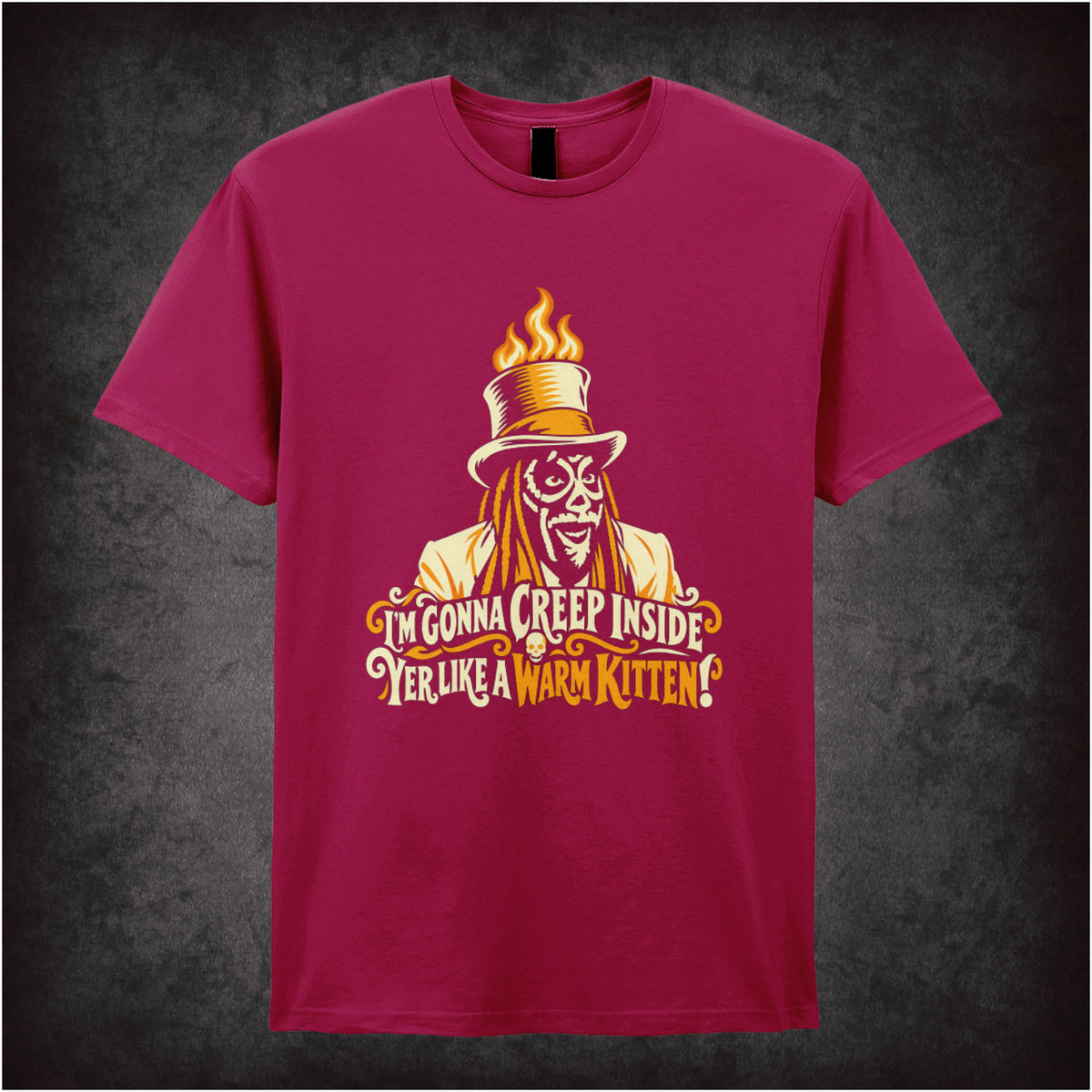 “Old Gregg ‘I’m gonna creep inside yer like a warm kitten’ T-shirt in cardinal red from The Mighty Boosh”