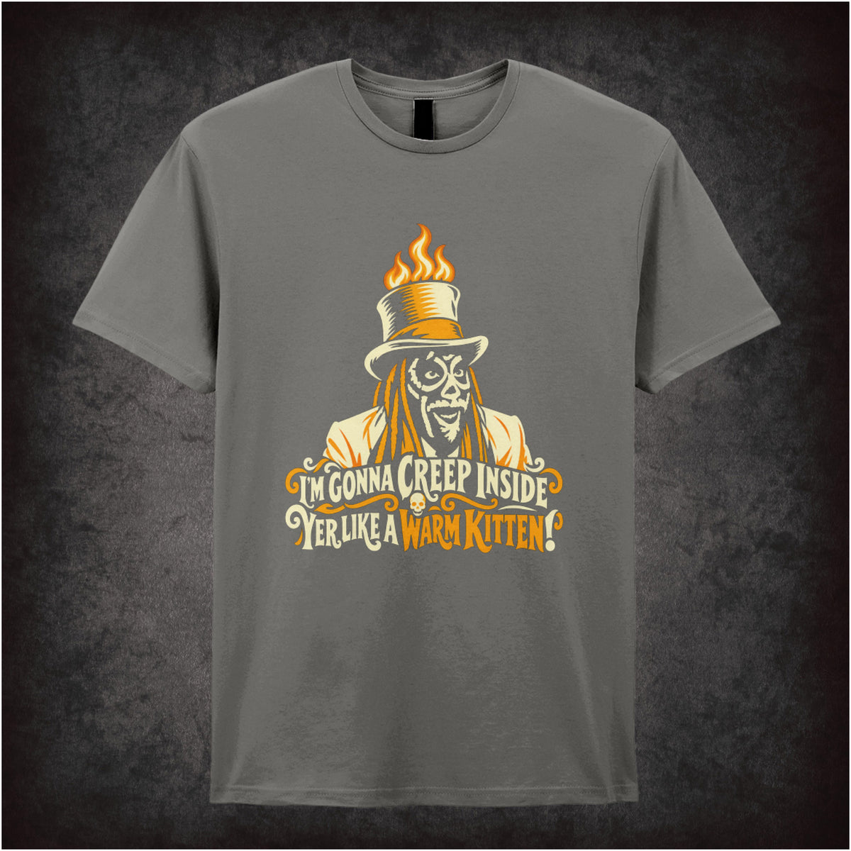 “Old Gregg ‘I’m gonna creep inside yer like a warm kitten’ T-shirt in charcoal from The Mighty Boosh”