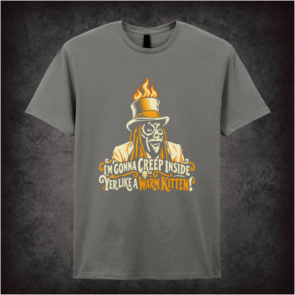 “Old Gregg ‘I’m gonna creep inside yer like a warm kitten’ T-shirt in charcoal from The Mighty Boosh”