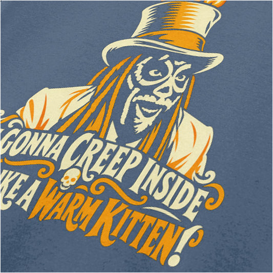 “Old Gregg ‘I’m gonna creep inside yer like a warm kitten’ close up T-shirt in indigo from The Mighty Boosh”
