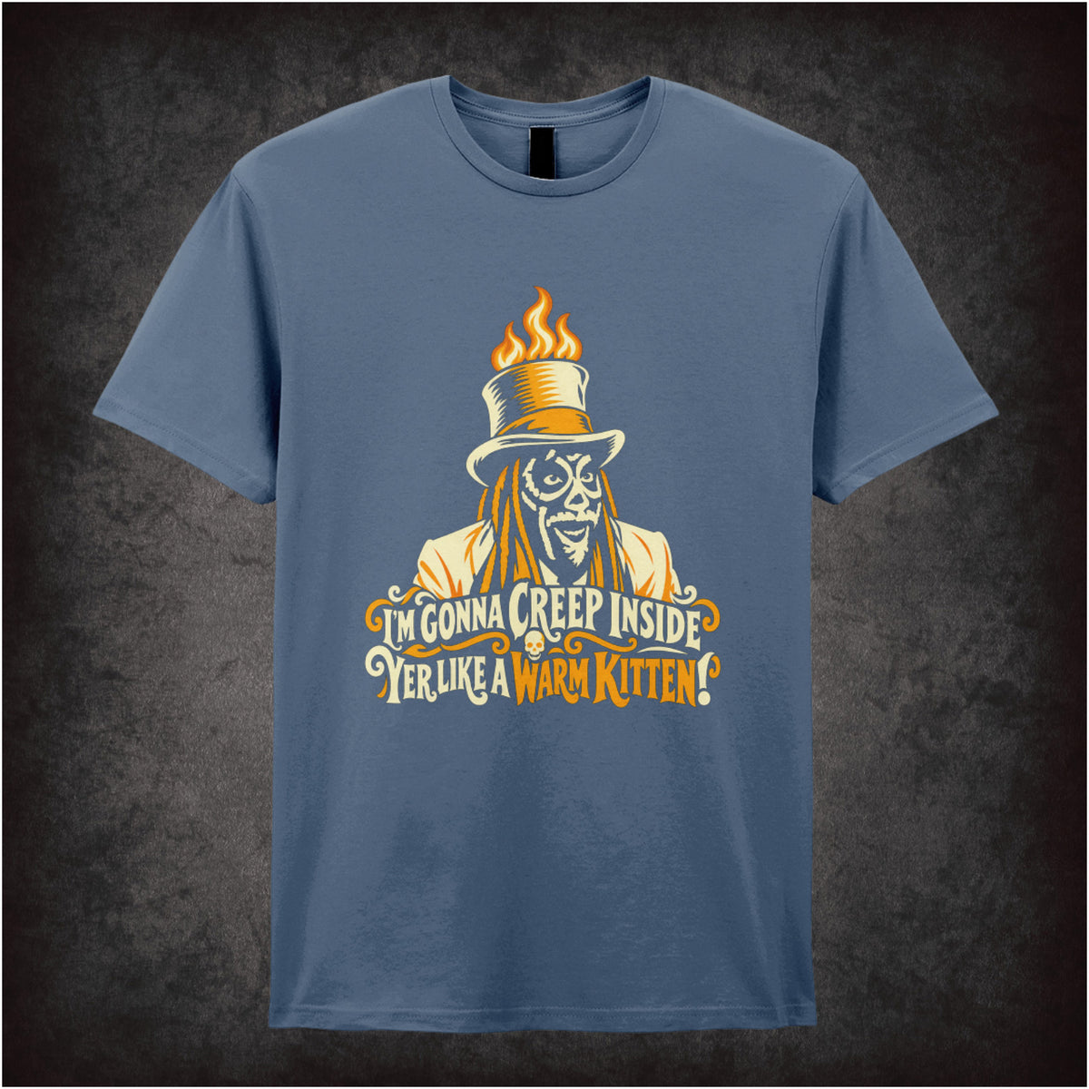 “Old Gregg ‘I’m gonna creep inside yer like a warm kitten’ T-shirt in indigo from The Mighty Boosh”