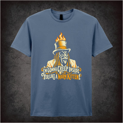 “Old Gregg ‘I’m gonna creep inside yer like a warm kitten’ T-shirt in indigo from The Mighty Boosh”