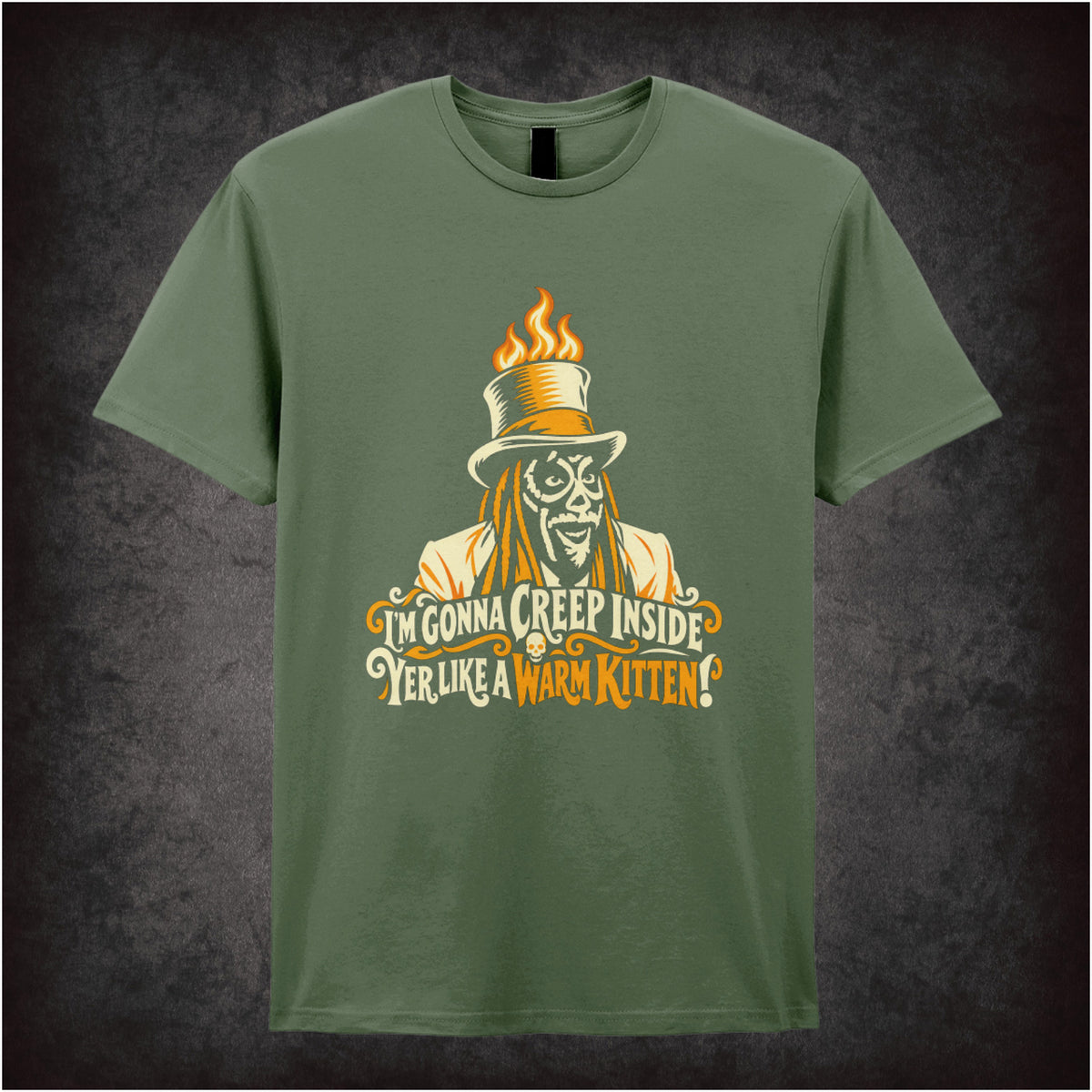“Old Gregg ‘I’m gonna creep inside yer like a warm kitten’ T-shirt in military green from The Mighty Boosh”