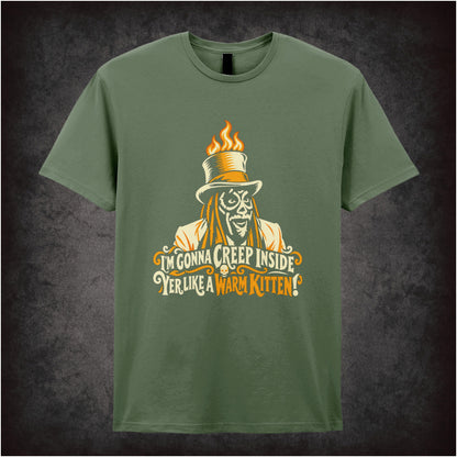 “Old Gregg ‘I’m gonna creep inside yer like a warm kitten’ T-shirt in military green from The Mighty Boosh”