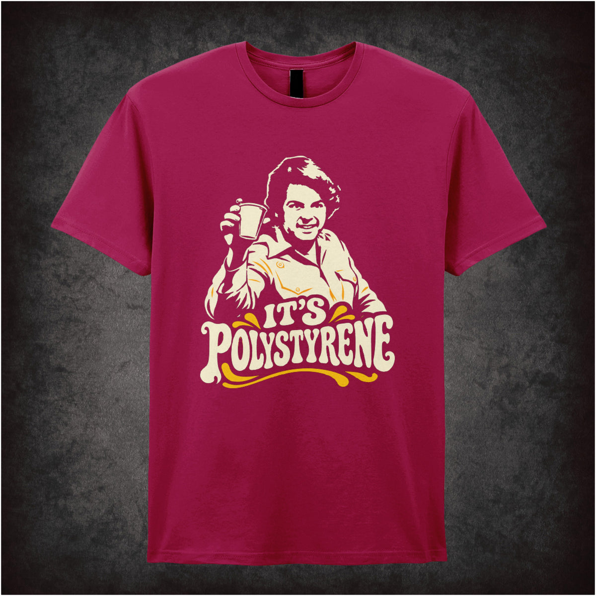 “Bob Fossil ‘It’s polystyrene’ T-shirt in cardinal red from The Mighty Boosh”
