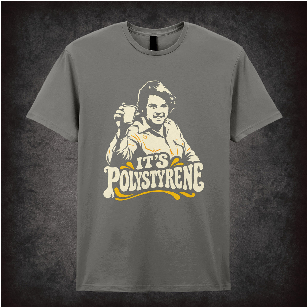 “Bob Fossil ‘It’s polystyrene’ T-shirt in charcoal from The Mighty Boosh”