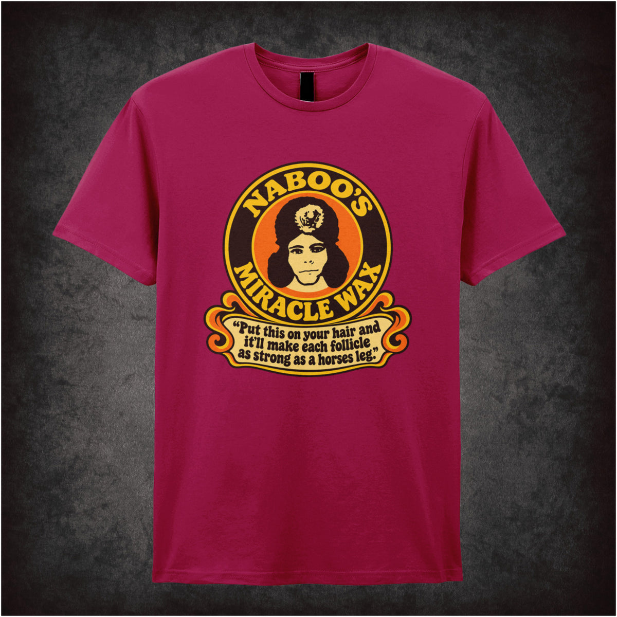 “‘Naboo’s Miracle Wax’ T-shirt in cardinal red from The Mighty Boosh”