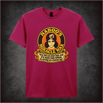 “‘Naboo’s Miracle Wax’ T-shirt in cardinal red from The Mighty Boosh”