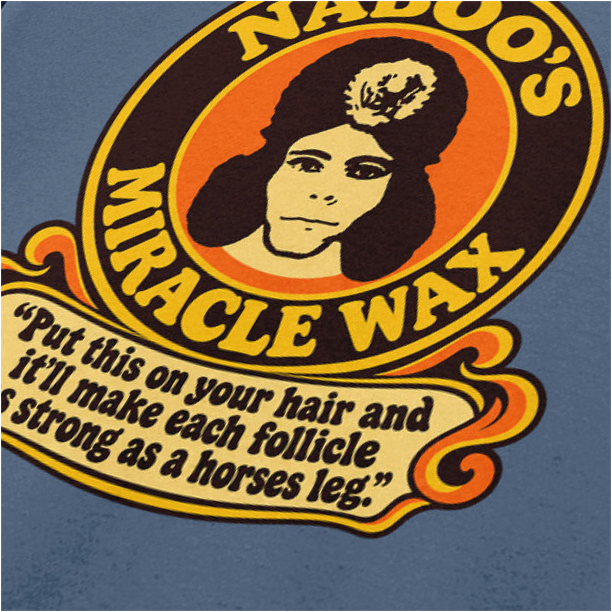 “‘Naboo’s Miracle Wax’ close up T-shirt in indigo from The Mighty Boosh”