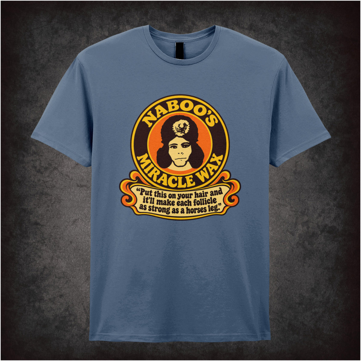“‘Naboo’s Miracle Wax’ T-shirt in indigo from The Mighty Boosh”