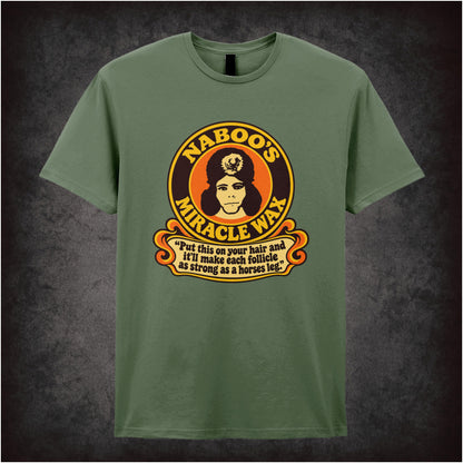 “‘Naboo’s Miracle Wax’ T-shirt in military green from The Mighty Boosh”