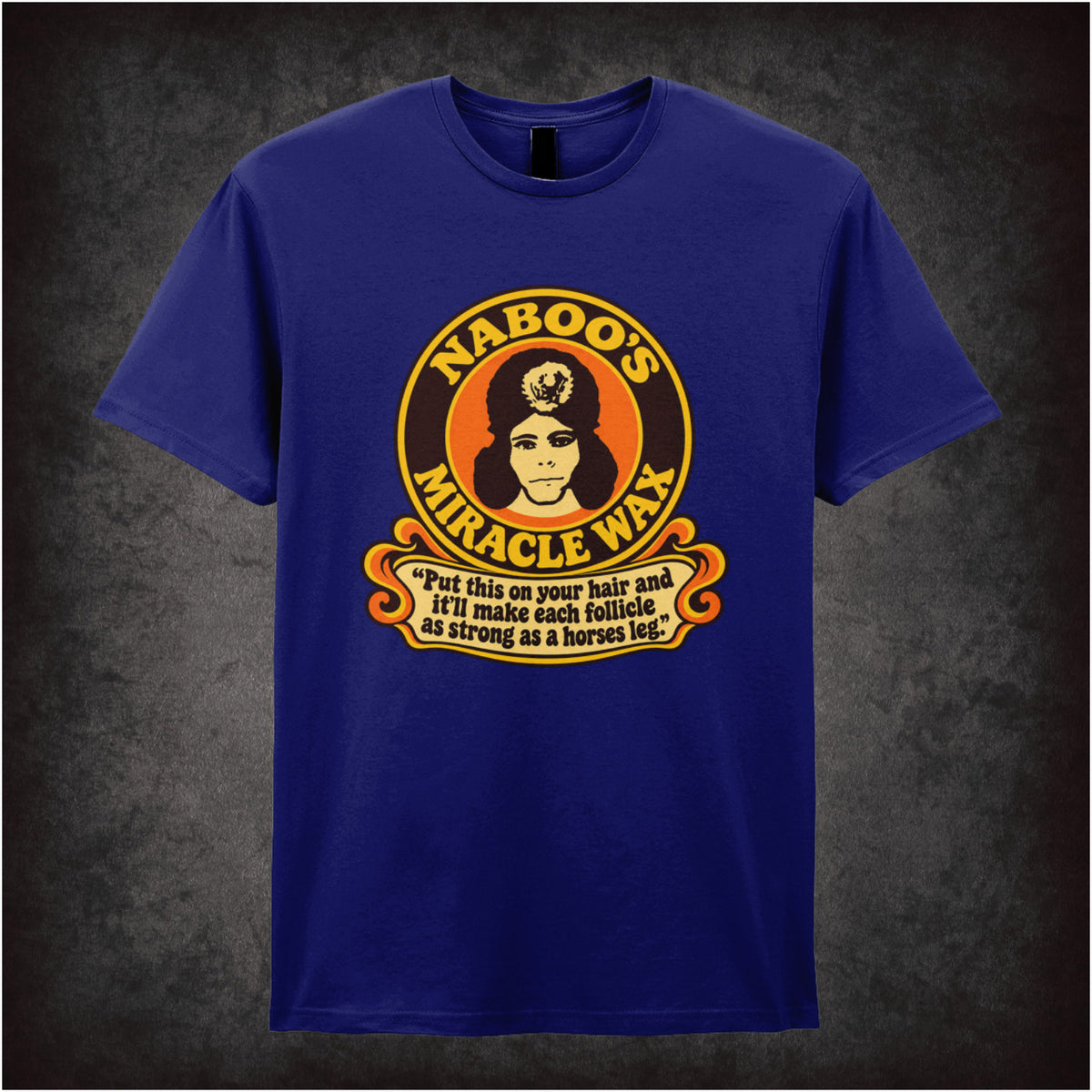 “‘Naboo’s Miracle Wax’ T-shirt in navy from The Mighty Boosh”