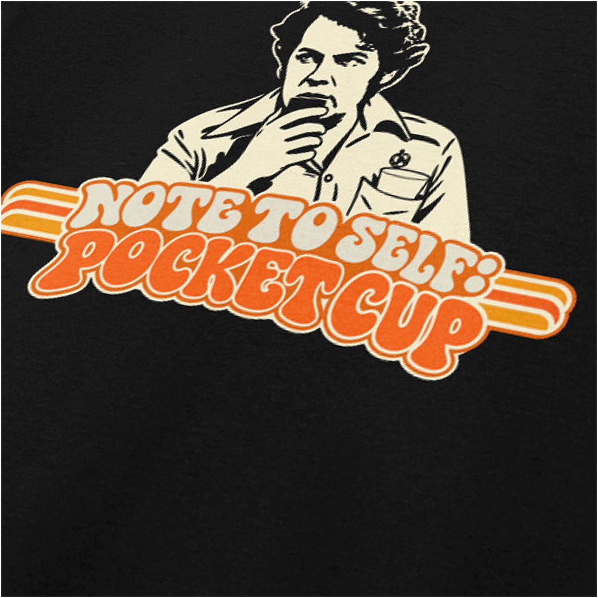 “Bob Fossil ‘Note to self: pocket cup’ close up T-shirt in black from The Mighty Boosh”