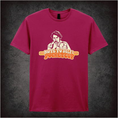 “Bob Fossil ‘Note to self: pocket cup’ T-shirt in cardinal red from The Mighty Boosh”