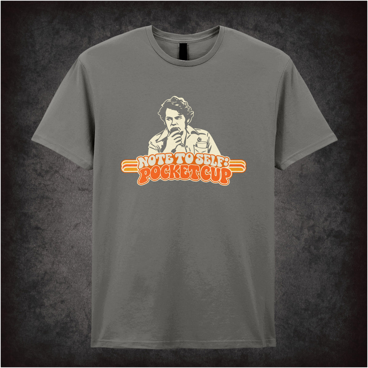 “Bob Fossil ‘Note to self: pocket cup’ T-shirt in charcoal from The Mighty Boosh”