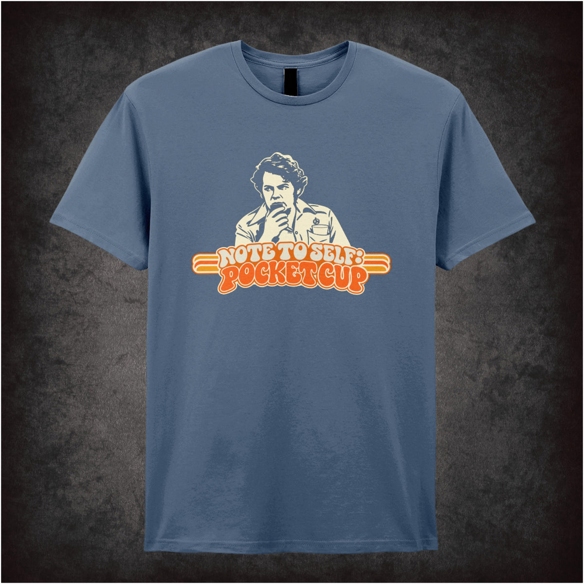 “Bob Fossil ‘Note to self: pocket cup’ T-shirt in indigo from The Mighty Boosh”
