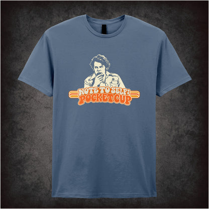 “Bob Fossil ‘Note to self: pocket cup’ T-shirt in indigo from The Mighty Boosh”
