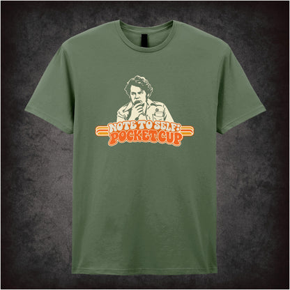 “Bob Fossil ‘Note to self: pocket cup’ T-shirt in military green from The Mighty Boosh”