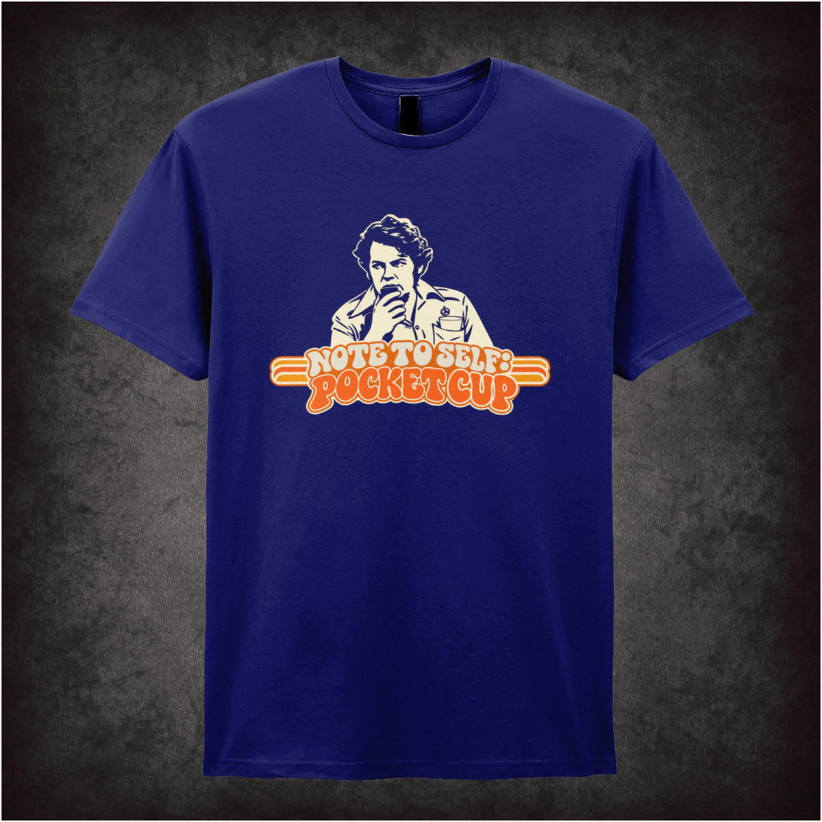 “Bob Fossil ‘Note to self: pocket cup’ T-shirt in navy from The Mighty Boosh”
