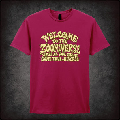 “‘Welcome to the Zooniverse’ T-shirt in cardinal red from The Mighty Boosh”