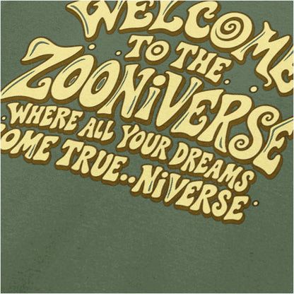 “‘Welcome to the Zooniverse’ close up T-shirt in military green from The Mighty Boosh”