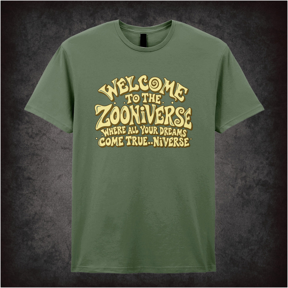 “‘Welcome to the Zooniverse’ T-shirt in military green from The Mighty Boosh”