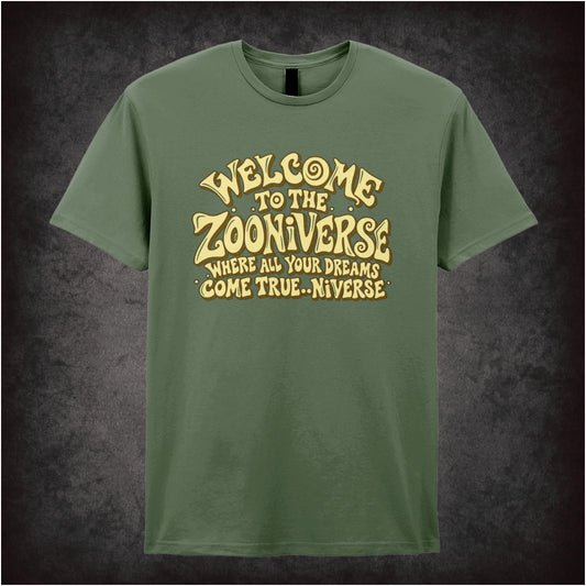 “‘Welcome to the Zooniverse’ T-shirt in military green from The Mighty Boosh”