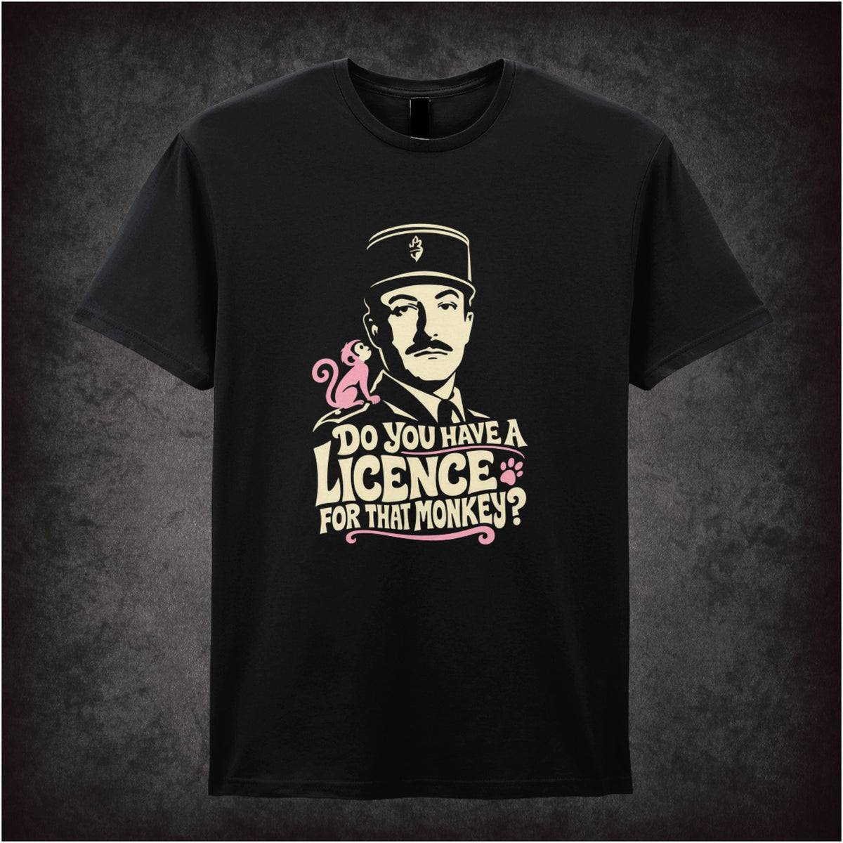 Inspector Clouseau ‘Do you have a licence for that monkey?’ T-shirt in black from The Pink Panther Strikes Again