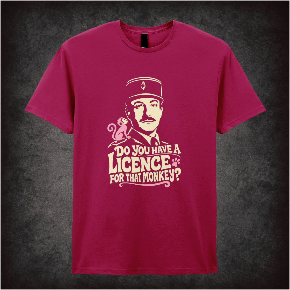 Inspector Clouseau ‘Do you have a licence for that monkey?’ T-shirt in cardinal red from The Pink Panther Strikes Again