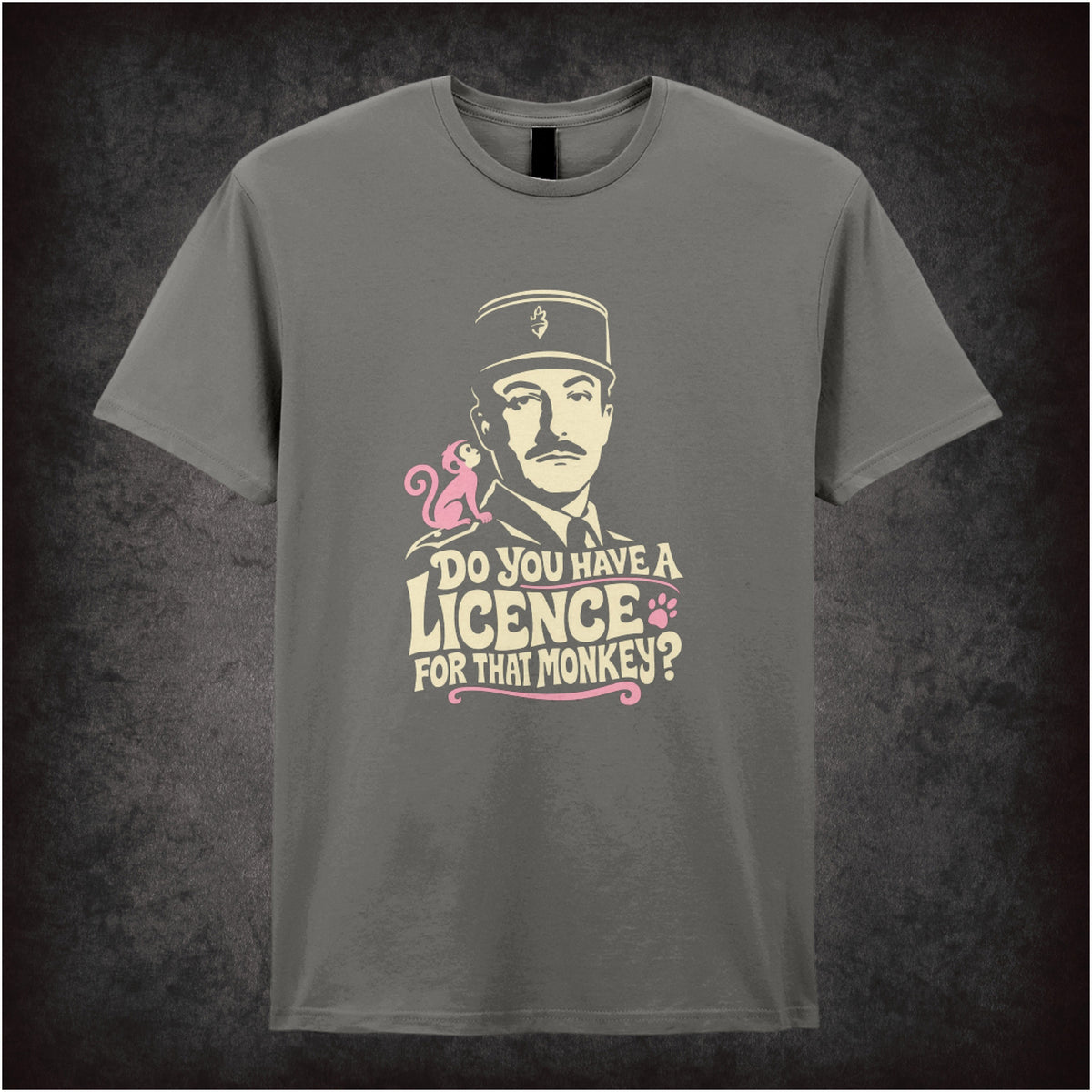 Inspector Clouseau ‘Do you have a licence for that monkey?’ T-shirt in charcoal from The Pink Panther Strikes Again