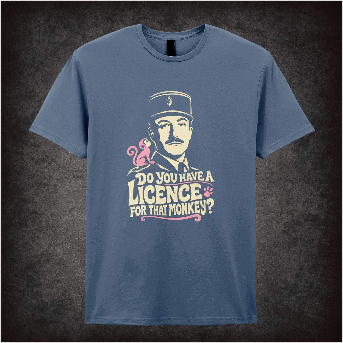 Inspector Clouseau ‘Do you have a licence for that monkey?’ T-shirt in indigo from The Pink Panther Strikes Again