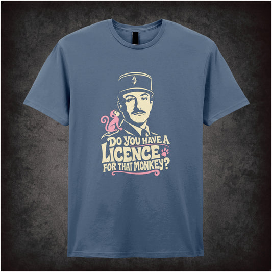 Inspector Clouseau ‘Do you have a licence for that monkey?’ T-shirt in indigo from The Pink Panther Strikes Again