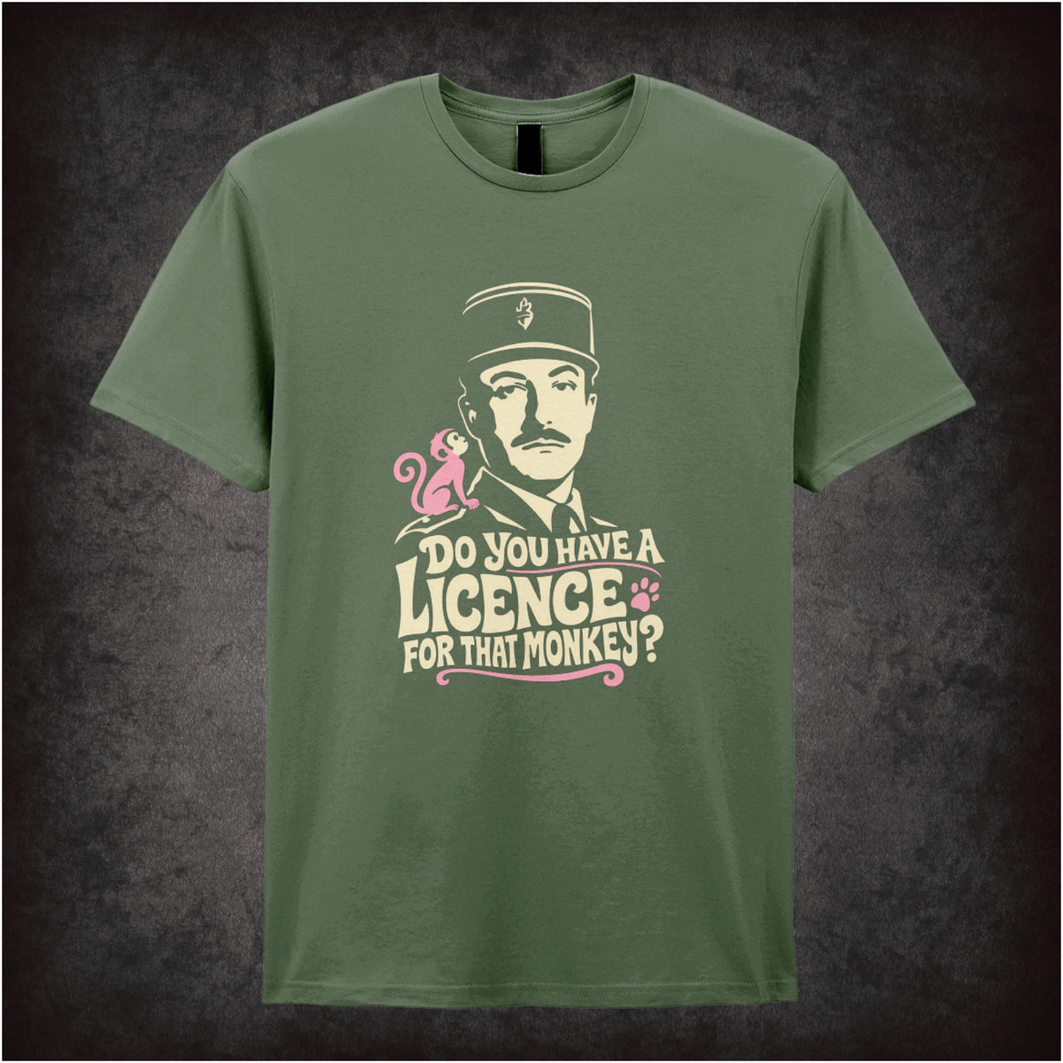 Inspector Clouseau ‘Do you have a licence for that monkey?’ T-shirt in military green from The Pink Panther Strikes Again