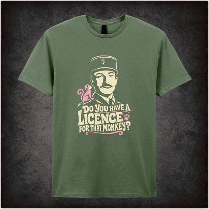 Inspector Clouseau ‘Do you have a licence for that monkey?’ T-shirt in military green from The Pink Panther Strikes Again