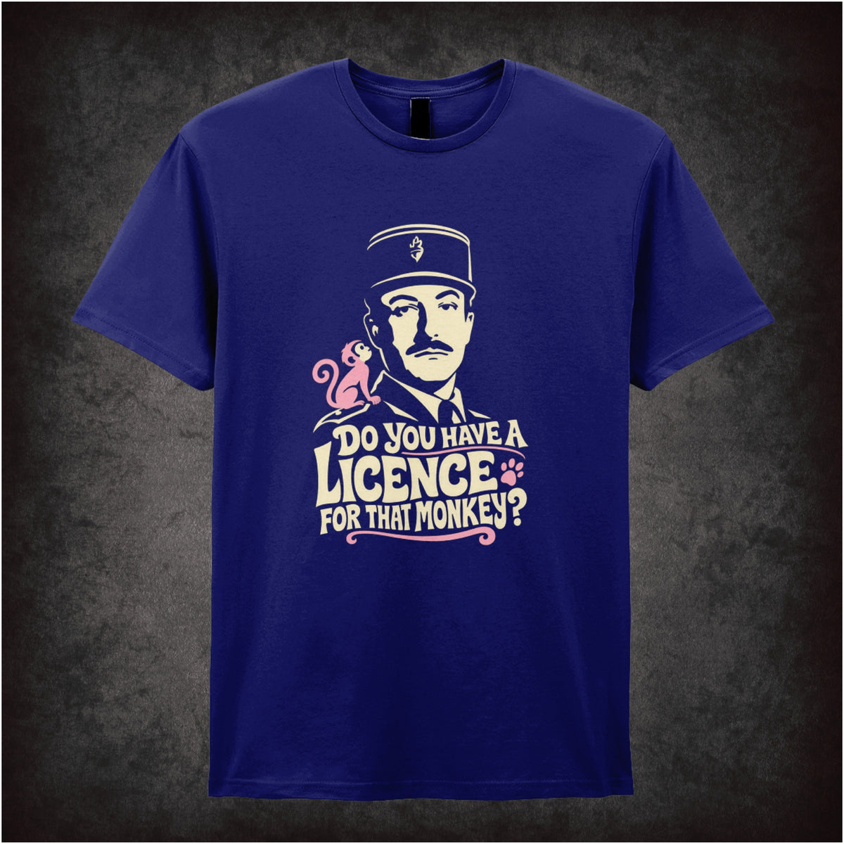 Inspector Clouseau ‘Do you have a licence for that monkey?’ T-shirt in navy from The Pink Panther Strikes Again