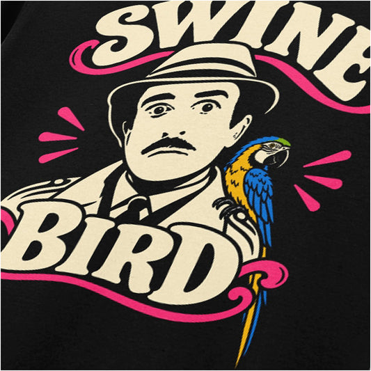 Swine Bird graphic close up T-shirt in black inspired by The Pink Panther