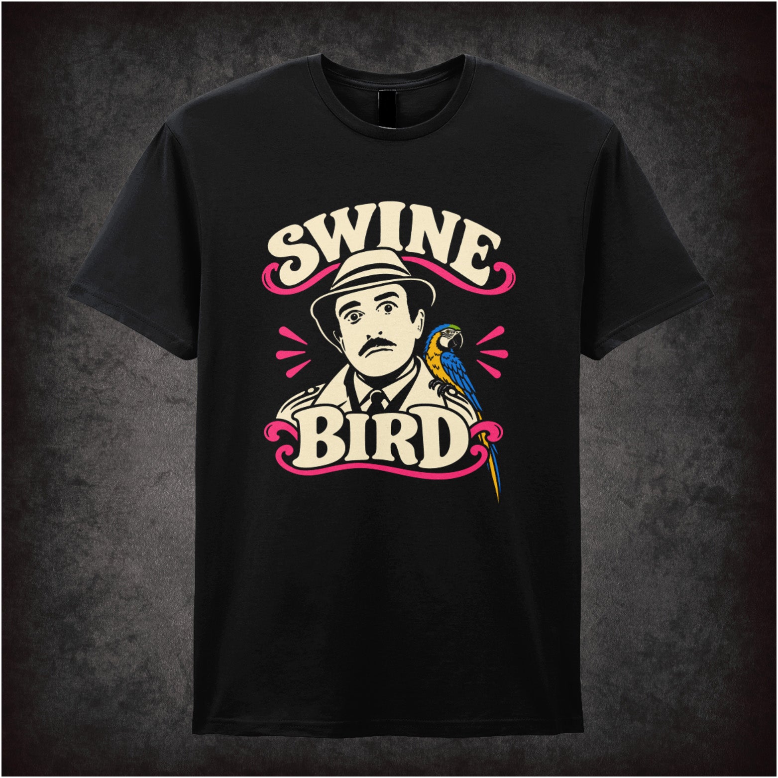 Swine Bird graphic T-shirt in black inspired by The Pink Panther