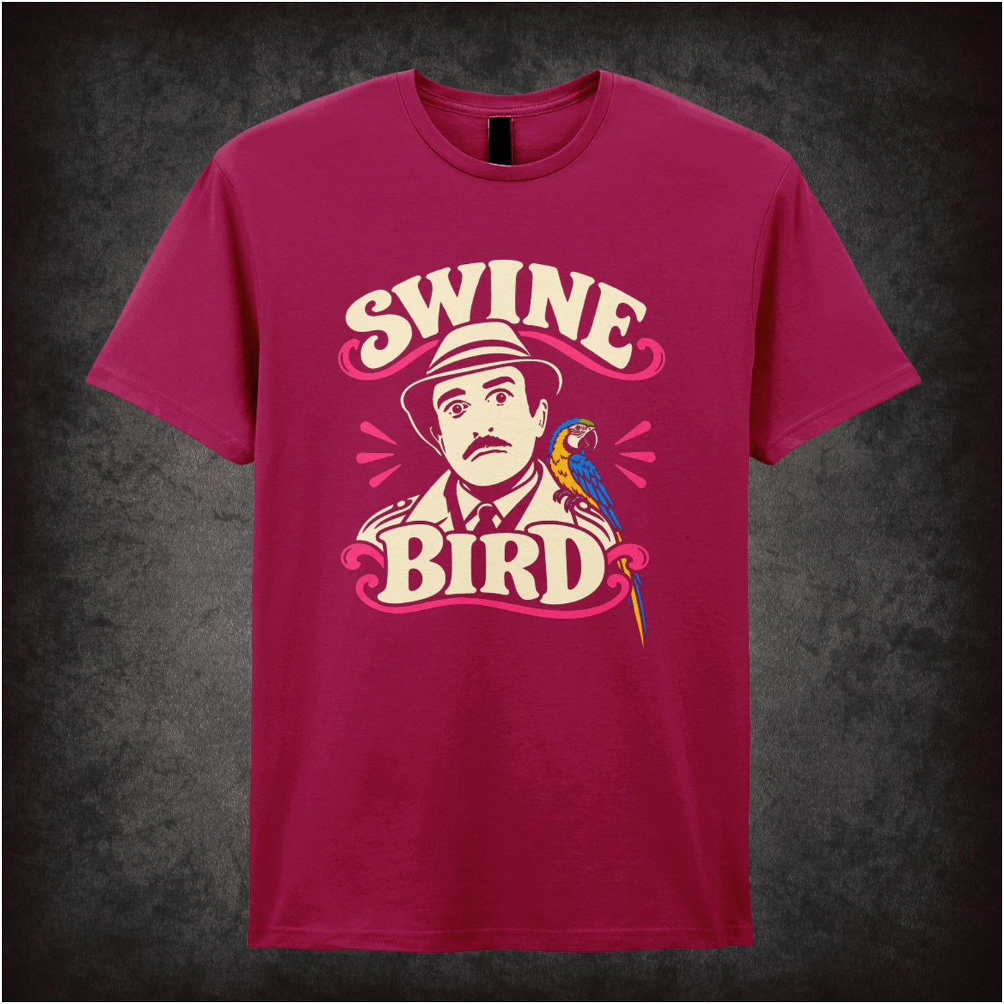 Swine Bird graphic T-shirt in cardinal red inspired by The Pink Panther