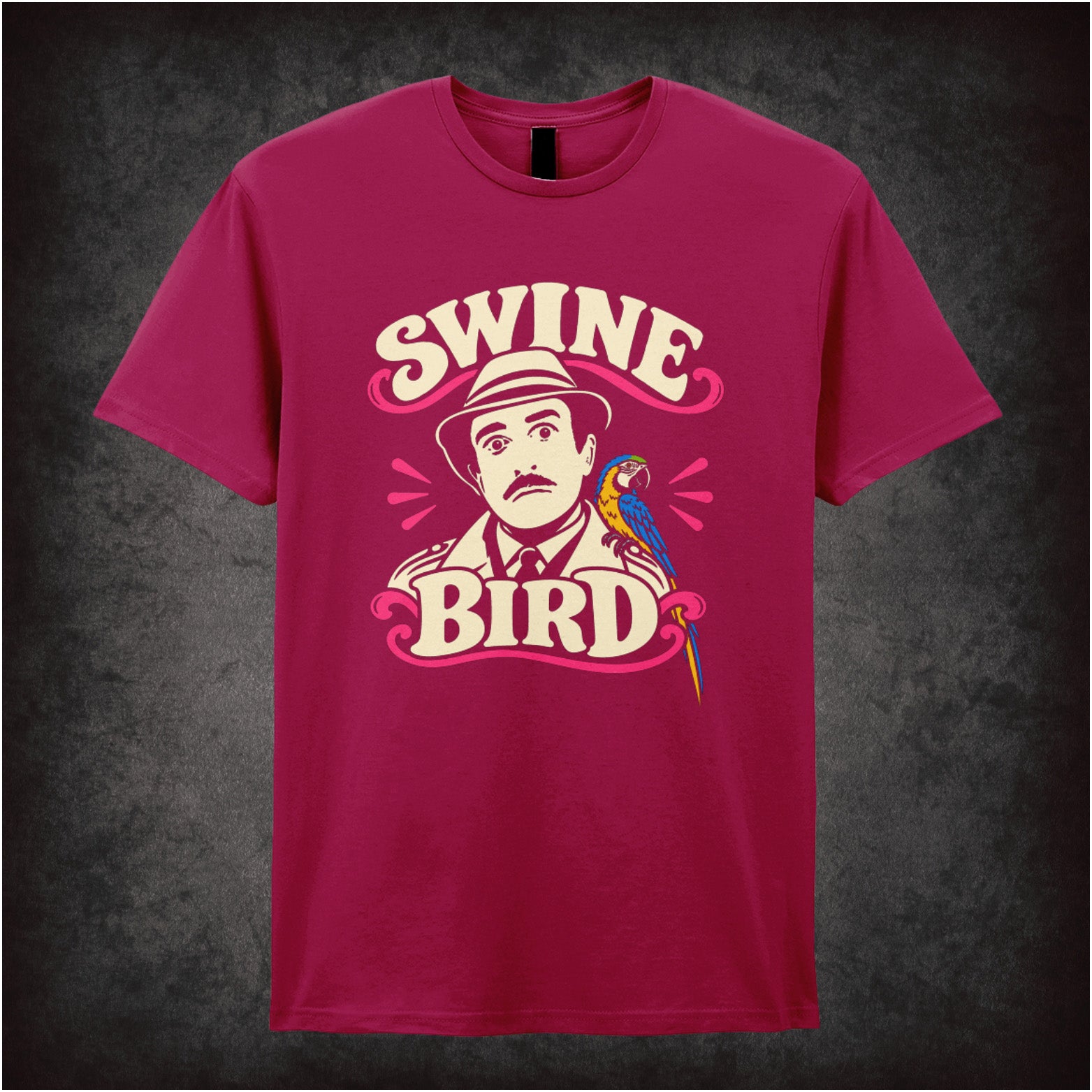 Swine Bird graphic T-shirt in cardinal red inspired by The Pink Panther