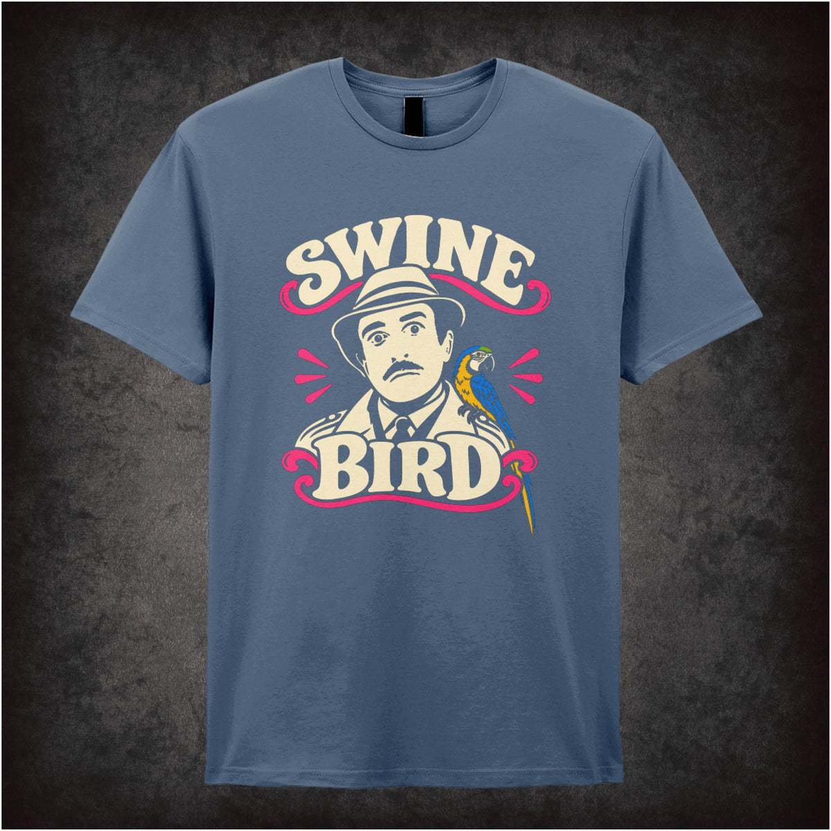 Swine Bird graphic T-shirt in indigo inspired by The Pink Panther